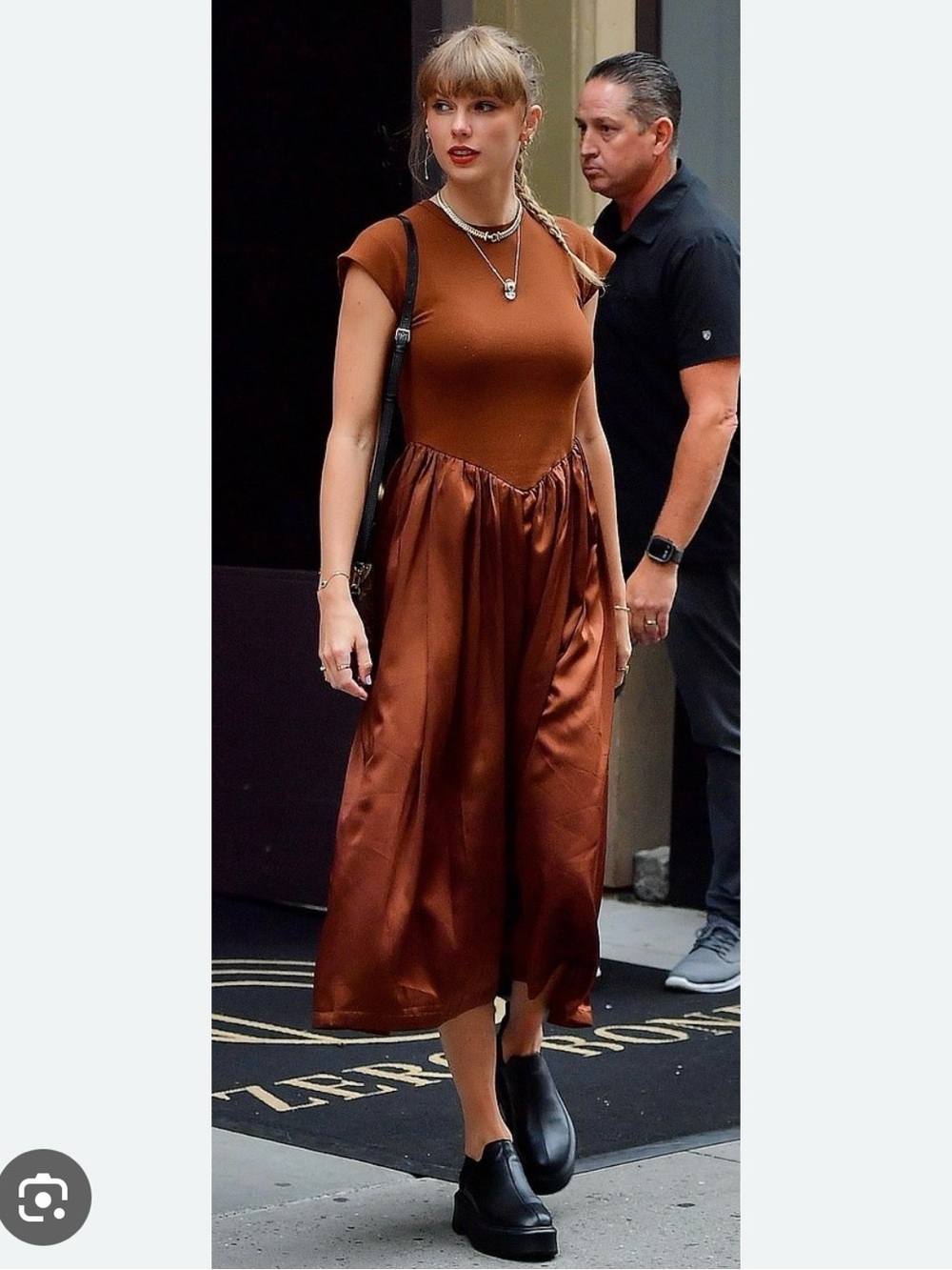 Satin-Panel Midi Dress in Rich Brown